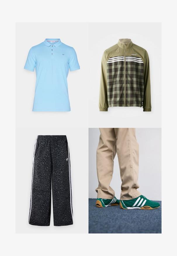 Zöld kockás széldzseki, cipzárral elöl, rugalmas mandzsettákkal és fehér csíkokkal a mellkason. Poliészter anyag, könnyű dizájn.; Világoskék pamut pólóing gallérral, rövid ujjakkal, háromgombos nyakkal és a bal oldalon hímzett CK logóval.; adidas Originals GRAPHIC UNISEX - Tréningruha alsók - black; Zöld steppelt tornacipő fehér csíkokkal és barna gumitalppal, bézs nadrággal párosítva. A design alacsony profilú és texturált anyagú.