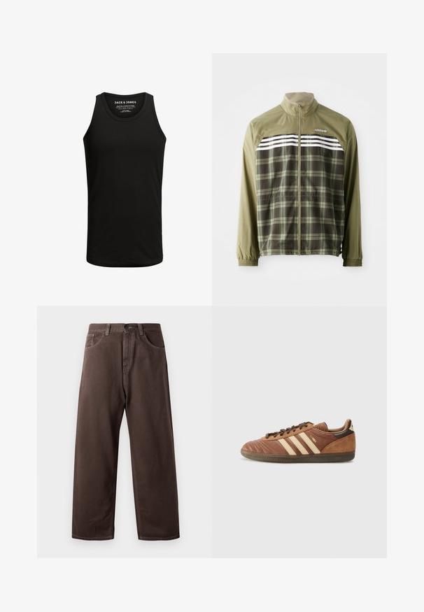 Groene geruite windbreaker met een ritssluiting aan de voorkant, elastische manchetten en witte strepen op de borst. Gemaakt van polyester, lichtgewicht ontwerp.; Zwarte tanktop gemaakt van een katoenmix stof, met een klassieke ronde hals en zonder mouwen. Eenvoudige textuur zonder patronen of accenten.; Bruine wijde broek van katoen, met een klassiek vijf-pocketdesign, een ritsgulp en zichtbare stikseldetails.; adidas Originals SAMBA UNISEX - Sneakers laag - preloved brown/sand strata/dark brown