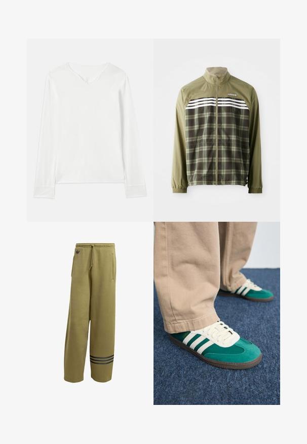 Green plaid windbreaker jacket with a zip front, elastic cuffs, and white stripes across the chest. Polyester fabric, lightweight design.; Long-sleeve white top with a V-neckline, soft texture, and side slits. Features a simple design without embellishments or patterns.; Olive green sweatpants made of soft material, featuring two side pockets and a black three-stripe design at the hem. Drawstring waist.; Green suede sneakers with white stripes, textured laces, and brown rubber sole. Paired with beige pants, against a blue carpet background.