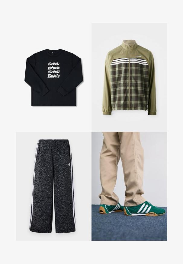 Zelena karo vjetrovka s patentnim zatvaračem, elastičnim manžetama i bijelim trakama preko prsa. Poliesterska tkanina, lagan dizajn.; Crni dukserica dugih rukava s bijelim ponovljenim grafičkim logotipom u stiliziranom fontu preko prednje strane. Izrađena od meke tkanine.; adidas Originals GRAPHIC UNISEX - Donji dijelovi trenirke - black; Zelene kvadrate tenisice s bijelim prugama i smešim gumenim potplatima, uparene s bež hlačama. Dizajn se odlikuje niskim profilom i teksturiranim materijalom.