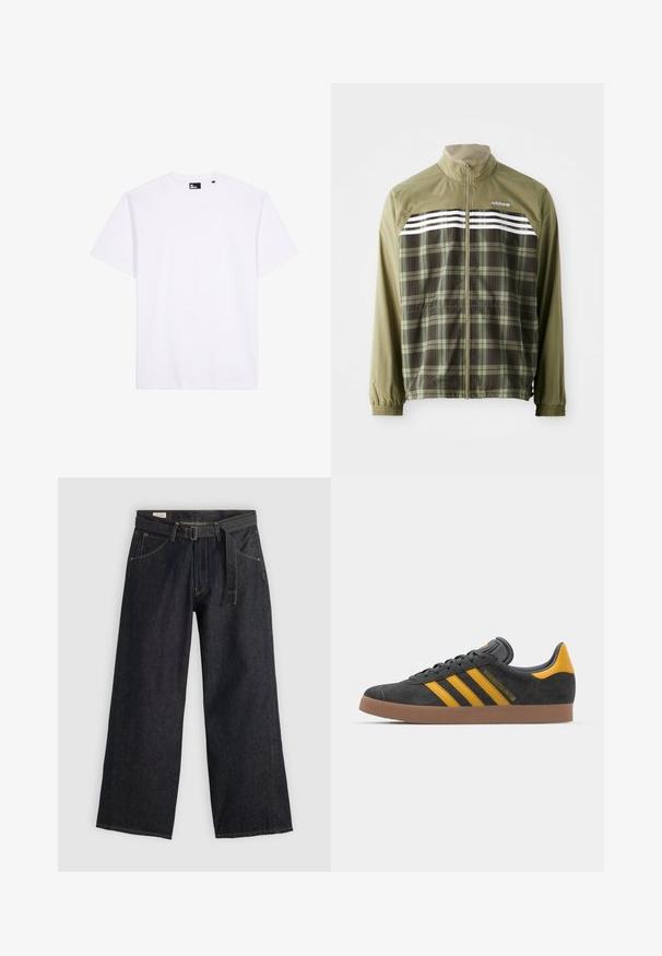 Grønternet vindjakke med lynlås foran, elastiske ærmer og hvide striber over brystet. Polyesterstof, letvægtsdesign.; Hvid kortærmet T-shirt med rund hals lavet af glat stof med et sort mærke inde i halsudskæringen.; Mørk denim bukser med brede ben og bælte i taljen, som har forlommer og kontrastsytråd. Glat tekstur med et rent design.; Sort suedet sneaker med gule accenter, der har tre striber og en brun gummisål. Inkluderer en polstret tunge for komfort.