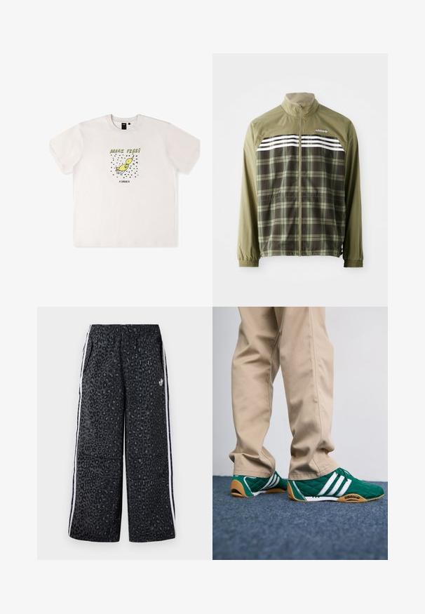 Grønternet vindjakke med lynlås foran, elastiske ærmer og hvide striber over brystet. Polyesterstof, letvægtsdesign.; Hvid bomulds t-shirt med et grafik af en gul fugl og teksten "BRYDE FRIE!" i sort. Korte ærmer med en løs pasform.; adidas Originals GRAPHIC UNISEX - Træningsbukser - black; Grønne quiltede sneakers med hvide striber og brune gummisåler, parret med beige bukser. Designet har en lav profil og tekstureret materiale.