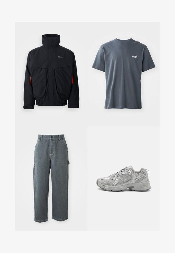 Melnā ūdensizturīgā jaka ar augstu apkakli, divām lielām priekšējām kabatām un oranžām auklām. Iekšpusē ir mīksta oderes un elastīgas aproces.; Tumši pelēks kokvilnas T-krekls ar īsām piedurknēm un apaļu kakla izgriezumu. Tam ir mazs balts logotips uz krūtīm un birka apakšējā malā.; Tumši pelēki taisni darba bikses ar jostas cilpām, priekšējo pogu un rāvējslēdzēju, sānu kabatām un āmura cilpu labajā kājā.; Sudraba sporta apavi ar elegantu dizainu, acs paneļiem, mīkstu valvi, teksturētu sintētisku virsu un gumijas zoli labākai saķerei.