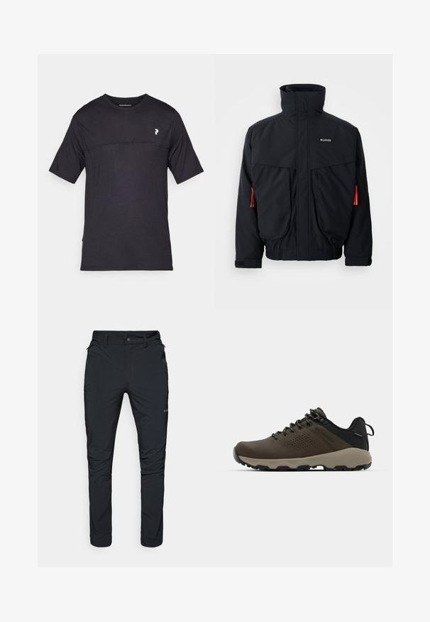 Casaco waterproof preto com gola alta, dois grandes bolsos frontais e detalhes em laranja nos cordões. Apresenta um interior suave e punhos elásticos.; Peak Performance TRAIL - T-shirt estampada - black; Calças de exterior pretas com um corte reto, com bolsos com fecho, passantes para cinto e uma textura de tecido leve e durável.; Ténis impermeáveis castanhos com um upper texturizado, detalhes perfurados, apoio para o calcanhar preto e uma sola de borracha cinza. Os atacadores têm extremidades metálicas.