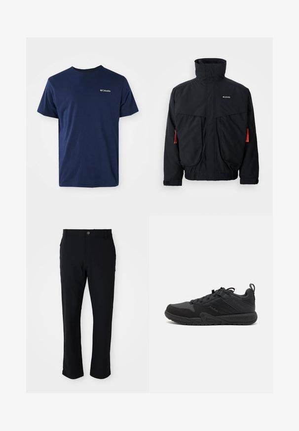 Černá nepromokavá bunda s vysokým límcem, dvěma velkými předními kapsami a oranžovými akcenty na šňůrkách. Obsahuje měkkou vnitřní podšívku a elastické manžety.; Námořnická modrá bavlněná polokošile s krátkým rukávem, kulatým výstřihem a malým bílým logem Columbia na levé hrudi. Měkká textura, klasický střih.; Černé kalhoty s knoflíkovým zapínáním, rovného střihu, hladké textury a bočními kapsami, vhodné pro různé příležitosti.; Černá sportovní bota s vrchní částí ze síťoviny a semiše, s vyztuženými oblastmi, kulatou špičkou, textura podešve a poutkem na patě.
