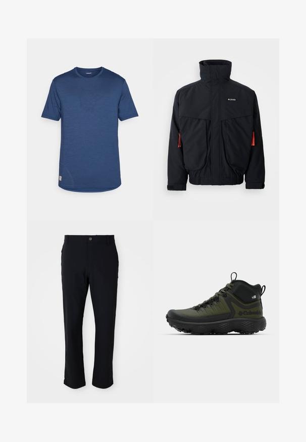 Black waterproof jacket with high collar, two large front pockets, and orange drawstring accents. Features a soft inner lining and elastic cuffs.; Short-sleeve blue performance t-shirt with a smooth texture, round neck, and subtle logo detail on the front left side.; Black trousers featuring a button closure, straight leg design, smooth texture, and side pockets, suitable for a variety of occasions.; Columbia ESCAPE THRIVE TITANIUM MID - Hiking shoes - nori/black