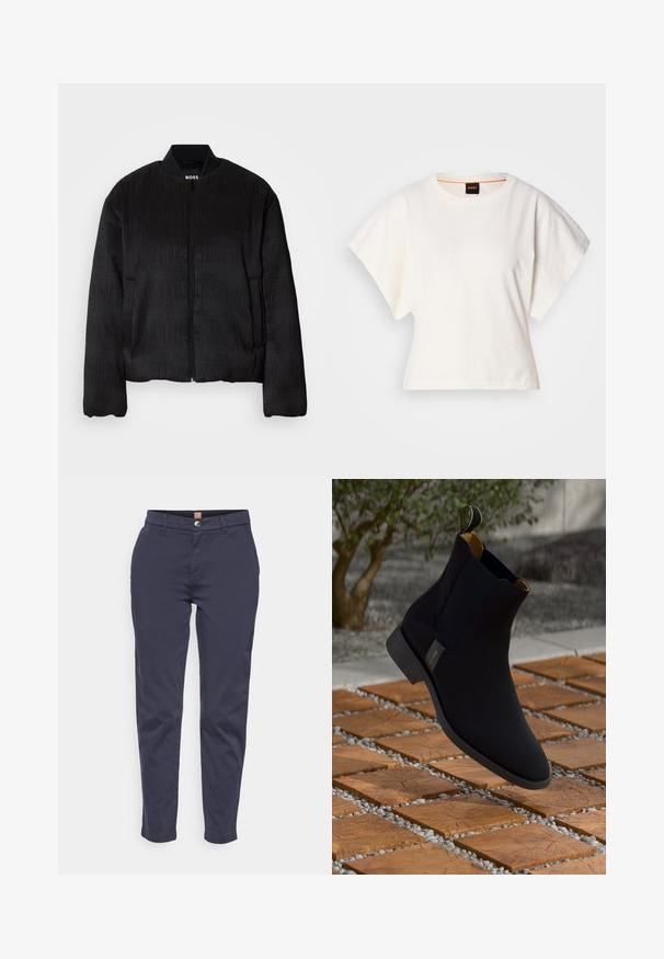 Crna bomber jakna s teksturiranim dizajnom, zatvaranjem na patentni zatvarač, rebrastim ovratnikom i elastičnim rukavima. Ima regularan kroj i glatku tkaninu.; Bijeli skraćeni T-shirt, široke kratke rukave, mekani pamučni materijal, okrugli izrez s suptilnim narančastim detaljem, minimalistički dizajn, bez uzoraka ili grafika.; Navy plave, krojene pamučne chinos hlače s kopčom na dugme, petljama za remen i bočnim džepovima; ravne nogavice s lagano suženim rubom.; Crne kožne gležnjače s glatkom završnom obradom, žutom unutrašnjom oblogom i trakom za povlačenje; postavljene na teksturiranu drvenu i šljunčanu površinu.