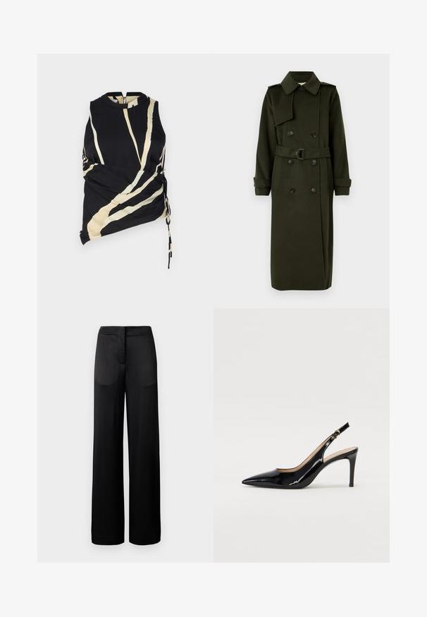 Olive green trench coat with double-breasted design, large collar, belted waist, and button accents; features long sleeves and a straight silhouette.; Black sleeveless top with cream diagonal stripes. Features side ruching and a high neckline. Lightweight fabric with a smooth texture.; Wide-leg black trousers with a textured surface, featuring a flat waistband and two side pockets. The fabric appears lightweight and flowing.; Black patent leather slingback pump with pointed toe, slim heel, and a subtle cutout design. Features a gold buckle on the strap.