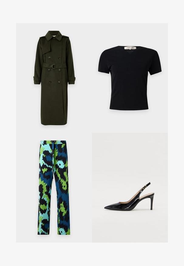 Oliiviroheline trentšmantel topeltrinnalise disainiga, suure kraega, vöödiga talje ja nööbikaunistustega; omadused on pikad varrukad ja sirge siluett.; Must t-särk lühikeste varrukatega ja V-kaelusega, valmistatud siledast ja venivast kangast. Omab lihtsat ja klassikalist siluetti, millel puuduvad kaunistused.; Mitmevärvilised püksid, millel on julge abstraktne muster musta, sinise ja rohelise värviga. Valmistatud siledast kangast ja paelaga vööst.; Must hõbedavärvi patendiga slingback kontsakingad terava varbaga, kitsas konts ja peene lõikega disain. Statistika on kuldne pandla rihmal.