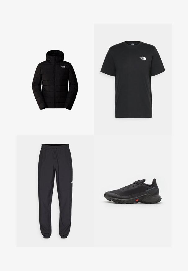 Schwarze Daunenjacke mit Reißverschluss vorne, Kapuze und seitlichen Taschen. Hat ein gestepptes Design mit einer glatten Textur. Logo auf der linken Brustseite.; Schwarzes Baumwoll-T-Shirt mit kurzen Ärmeln, Rundhalsausschnitt und einem kleinen weißen Logo auf der linken Brust. Schlichtes Design, glatte Textur und lockere Passform.; Schwarze Sporthosen aus leichtem Stoff, mit einem Kordelzugbund, seitlichen Taschen und schmal zulaufenden Bündchen an den Knöcheln.; Schwarze Trailrunning-Schuhe mit atmungsaktivem Obermaterial, strukturiertem Stoff, roten Akzenten an der Sohle und aggressivem Profil für optimalen Grip.