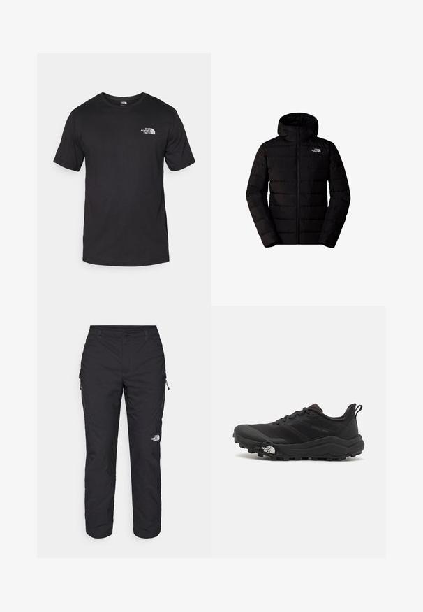 Chaqueta acolchada negra con cierre frontal, capucha y bolsillos laterales. Presenta un diseño acolchado con una textura suave. Logo en la parte izquierda del pecho.; Camiseta negra de manga corta, hecha de algodón, con un cuello redondo y un pequeño logo blanco en la parte superior izquierda del pecho.; The North Face WINTER EXPLORATION TAPERED CARGO - Pantalones montañeros largos - black; Zapatilla de trail running negra con upper texturizado, suela de goma y puntera reforzada. Presenta un collar acolchado y una lengüeta para poner y quitar fácilmente.