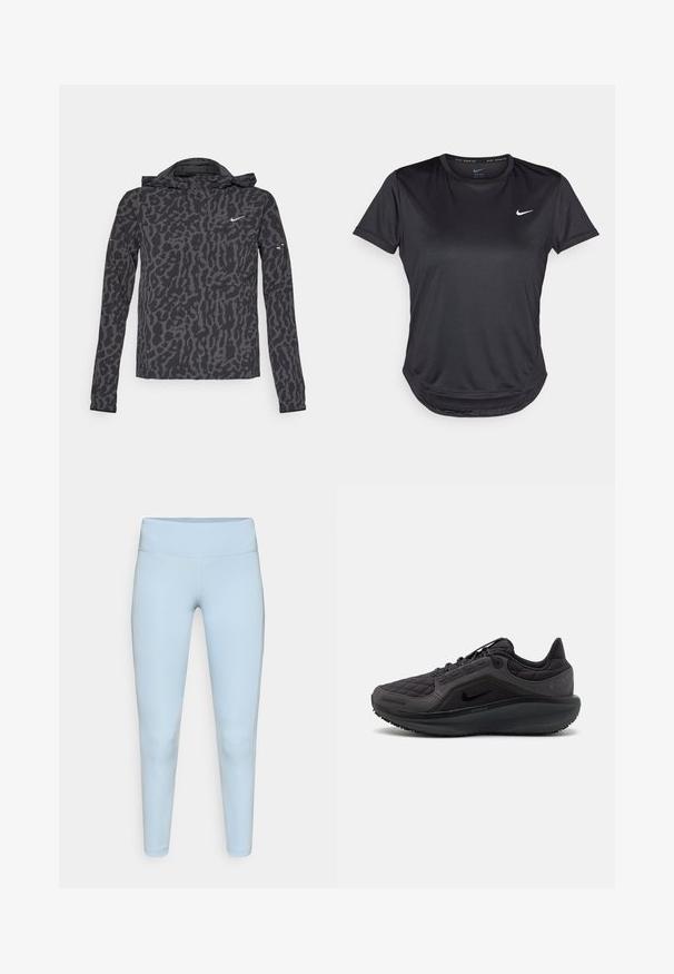Nike-jacka med ett svart och grått leopardmönster, lättviktsmaterial, dragkedja fram, huva och långa ärmar med subtila varumärkesaccenter.; Svart kortärmad träningsskjorta i glatta, andningsbara material. Har en rundad halsringning och en liten vit Nike-logotyp på bröstet.; Ljusblå leggings gjorda av elastisk tyg, med en slät midja och en figursydd design utan synliga sömmar.; Svart idrottssko med quiltad ovandel, strukturerade detaljer och en dämpad sula. Har en framträdande Nike-logotyp och slitstark sula.