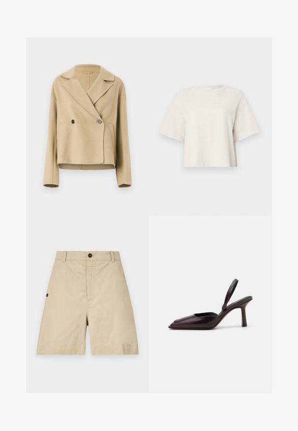 Beige cropped jakke lavet af blødt stof, med spidse krave, dobbelt knaplukning og to frontlommer.; Karamelfarvet cropped t-shirt lavet af ribbet stof, med rund halsudskæring og korte ærmer i en afslappet pasform.; Beige bomuldsbukser med en almindelig pasform, knaplukning, sidelommer og subtile syninger. Glat tekstur og knælangt design.; Brune patentlæder slingback pumpe med spidse tæer og en slank, høj hæl. Har et strømlinet design og en glat overfladetekstur.