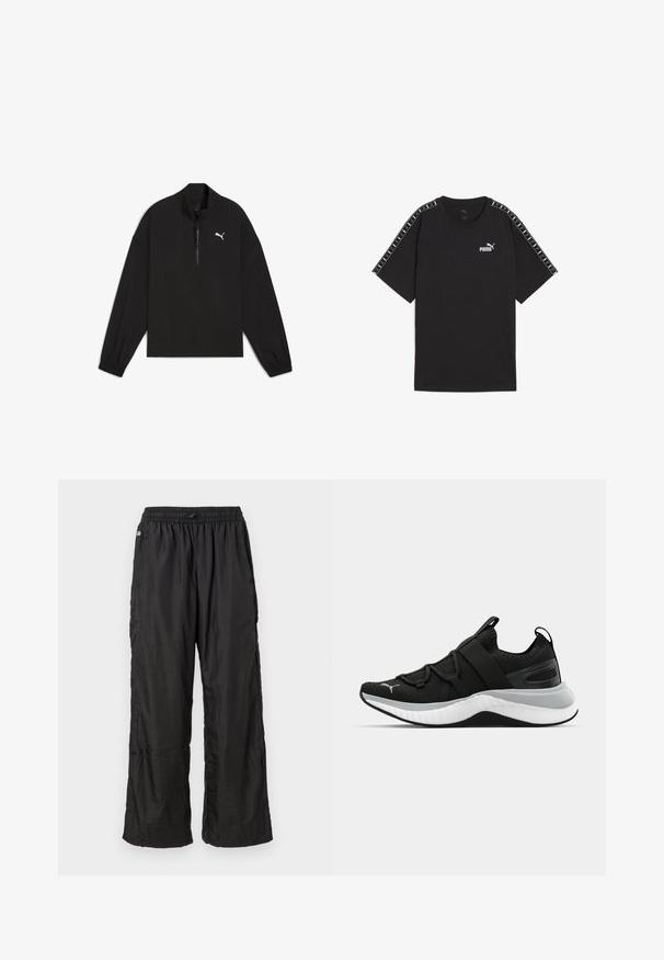 Black quarter-zip pullover made of lightweight fabric, featuring long sleeves, elastic cuffs, and a white Puma logo on the chest.; Black short-sleeve t-shirt made of cotton. Features white Puma logo on chest and patterned accents on shoulders. Standard fit and crew neck.; Black lightweight nylon track pants with elastic waistband and loose straight-leg fit, displayed against a plain white background.; Black athletic shoe with a textured upper, elastic straps, and a thick white midsole. Features a grey accent along the sole.