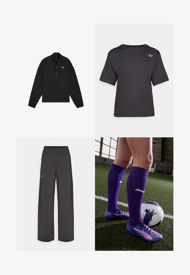 Must mustaga neljandik, mis on valmistatud kergest kangast, pikas varrukas, elastsete mansettidega ning rinnal on valge Puma logo.; Mustad lühikeste varrukatega särk, mis on valmistatud pehmest kangast. Särgil on ümar kaelus ja väike logo detail vasakul ülal.; Mustad musta värvi sportliku lõikega püksid, laia vöökohaga, küljetaskutega ja lapikutest õmblustest. Vasakul säärel on väike logo. Valmistatud siledast ja venivast kangast.; Lillad jalgpalli sokid ja värvilised kingad, millel on gradientdisain, seisavad valge ja sinise jalgpalli kõrval, millel on must logo.