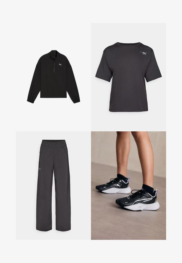 Juodas ketvirčio užtrauktuko megztinis, pagamintas iš lengvos medžiagos, su ilgomis rankovėmis, elastingomis rankogaliais ir baltu Puma logotipu ant krūtinės.; Juodas trumpas rankovėmis marškinėliai, pagaminti iš minkštos medžiagos, turintys apvalų iškirpimą ir mažą logotipą viršutiniame kairiajame kampe.; Juodos sportinės kelnės su plačia juosta, šoninėmis kišenėmis ir plokščiomis siūlėmis. Kairėje kojoje pritvirtintas mažas logotipas. Pagamintos iš lygaus, tamprios medžiagos.; Juodi sportiniai batai su baltais akcentais, tinklinė viršutinė dalis, raišteliai ir paminkštintas kulnas. Ypatybės: tekstūruotas padas sukibimui.