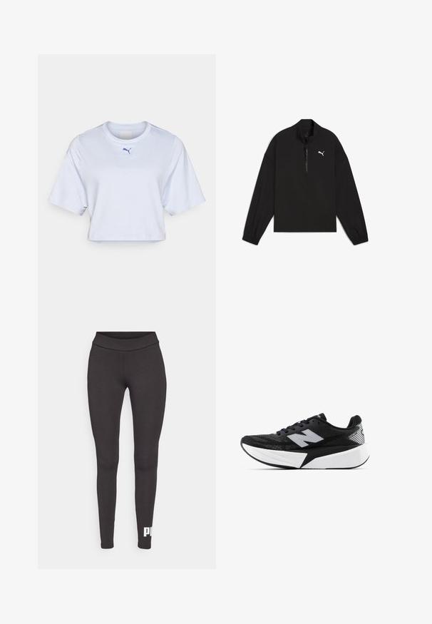 Crni pulover s četvrtim patentnim zatvaračem, izrađen od lagane tkanine, s dugim rukavima, elastičnim manžetama i bijelim Puma logom na prsima.; Bijela kratka majica s kratkim rukavima, koja ima okrugli izrez i mali plavi Puma logotip na prsima. Glatka tekstura materijala.; Crne tajice od rastezljivog materijala, s visokim pojasom i bijelim logotipom otisnutim na donjem lijevom dijelu noge. Glatka tekstura.; Crno-bijela New Balance trkačka cipela s debelim potplatom, mrežastim gornjim dijelom i "N" logotipom sa strane, prikazana s vanjske strane.