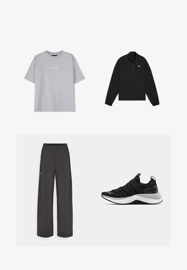 Must mustaga neljandik, mis on valmistatud kergest kangast, pikas varrukas, elastsete mansettidega ning rinnal on valge Puma logo.; Hallikas puuvillane t-särk lühikeste varrukatega, millel on ümmargune kaelus ja esiküljel väike valge "PEGADOR" logo. Sujuv tekstuur, mugav lõige.; Mustad musta värvi sportliku lõikega püksid, laia vöökohaga, küljetaskutega ja lapikutest õmblustest. Vasakul säärel on väike logo. Valmistatud siledast ja venivast kangast.; Must have tekstuuriga ülemise osaga mustad spordijalatsid, elastsete rihmade ja paksu valge vaheosaga. Omab halli aktsenti talla ääres.