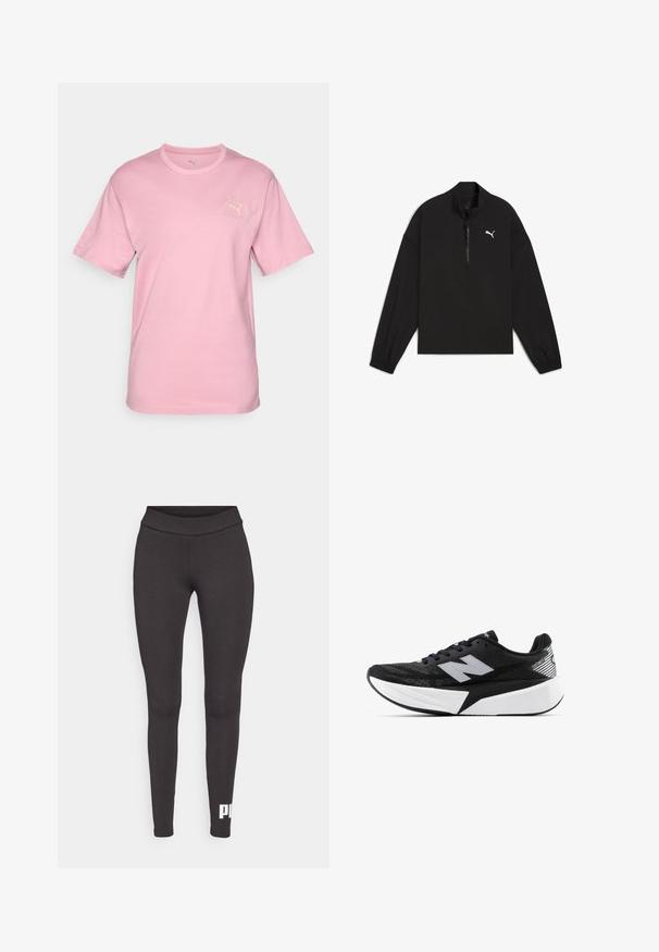 Zwarte quarter-zip pullover gemaakt van lichtgewicht stof, met lange mouwen, elastische boorden en een wit Puma-logo op de borst.; Lichtroze katoenen T-shirt met korte mouwen en een ronde hals. Bevat een subtiele Puma-logo en de tekst "Puma Athletics" in crèmekleur.; Zwarte leggings van rekbaar materiaal, met een hoge tailleband en een wit logo dat op het onderste deel van het linkerbeen is gedrukt. Glad materiaal.; Zwart-witte New Balance hardloopschoen met een dikke zool, bovenwerk van mesh en het "N"-logo aan de zijkant, bekeken vanaf de buitenzijde.