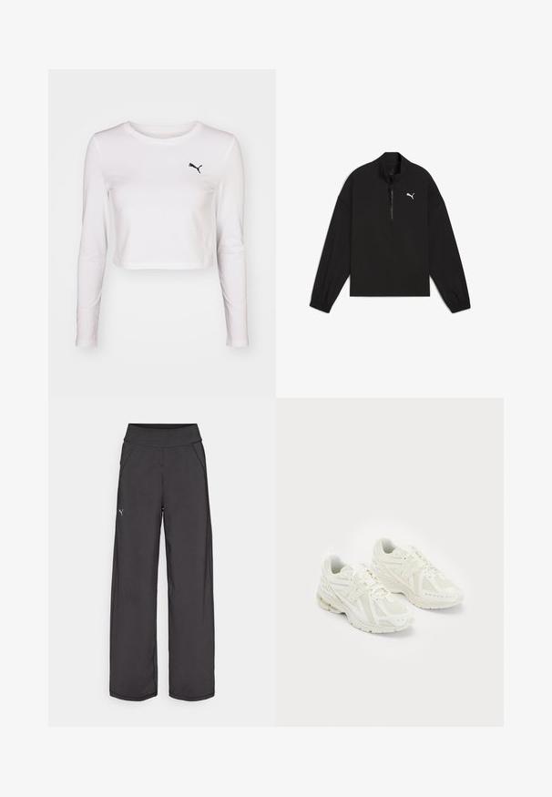 Black quarter-zip pullover made of lightweight fabric, featuring long sleeves, elastic cuffs, and a white Puma logo on the chest.; Long-sleeve, cropped t-shirt in white cotton with a black Puma logo on the left chest. Smooth texture, round neckline, and fitted sleeves.; Black athletic pants with a wide waistband, side pockets, and flat seams. Features a small logo on the left leg. Made from smooth, stretchy fabric.; White athletic shoes with mesh and synthetic materials, lace-up design, padded collar, and textured sole for grip. Lightweight construction.