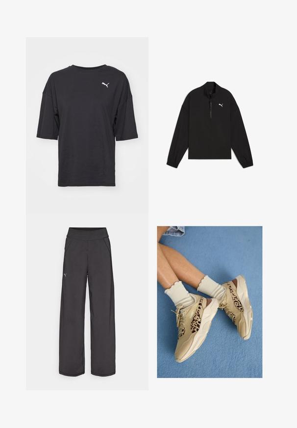 Črn pulover s četrtno zadrgo, narejen iz lahkotnega materiala, z dolgimi rokavi, elastičnimi manšetami in belim logotipom Puma na prsih.; Črna prevelika majica z okroglim ovratnikom, izdelana iz bombaža, s kratkimi rokavi in belim logotipom Puma na levem prsnem delu.; Črne atletske hlače z širokim pasom, stranskimi žepi in ravnimi šivi. Imajo majhen logotip na levi nogi. Narejene so iz gladkega, raztegljivega materiala.; Prepletene noge, obute v bež Puma superge z leopardjim vzorcem črt in nagubanimi kremnimi nogavicami na modrem preproganem tle.