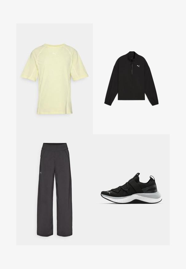 Czarny polar z zamkiem ćwierć, wykonany z lekkiego materiału, z długimi rękawami, elastycznymi mankietami i białym logo Pumy na piersi.; Koszulka sportowa Puma w jasnym żółtym kolorze, z krótkimi rękawami, okrągłym dekoltem, białymi przeszyciami oraz małym białym logo na górnej części pleców.; Czarne spodnie sportowe z szerokim pasem, bocznymi kieszeniami i płaskimi szwami. Posiadają małe logo na lewej nogawce. Wykonane z gładkiego, elastycznego materiału.; Czarne sportowe buty z teksturowaną cholewką, elastycznymi paskami i grubą białą podeszwą środkową. Posiadają szary akcent wzdłuż podeszwy.