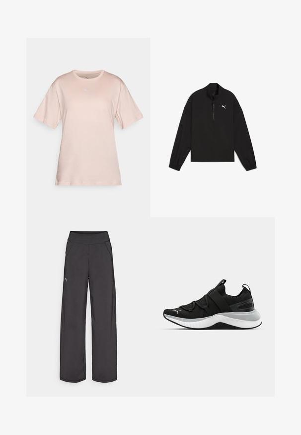 Black quarter-zip pullover made of lightweight fabric, featuring long sleeves, elastic cuffs, and a white Puma logo on the chest.; Light pink short-sleeve t-shirt made of soft cotton. Features a small white embroidered logo on the chest and a crew neckline.; Black athletic pants with a wide waistband, side pockets, and flat seams. Features a small logo on the left leg. Made from smooth, stretchy fabric.; Black athletic shoe with a textured upper, elastic straps, and a thick white midsole. Features a grey accent along the sole.