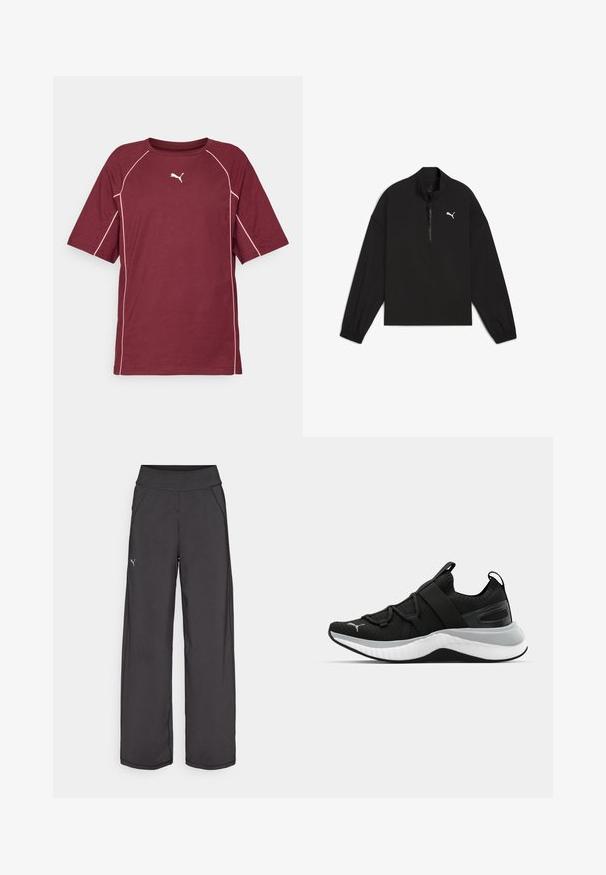 Pullover nero a mezza zip realizzato in tessuto leggero, con maniche lunghe, polsini elastici e logo Puma bianco sul petto.; T-shirt maroon con maniche corte, caratterizzato da cuciture bianche a contrasto e un piccolo logo bianco sul petto. Materiale in cotone, vestibilità rilassata.; Pantaloni sportivi neri con una cintura ampia, tasche laterali e cuciture piatte. Presentano un piccolo logo sulla gamba sinistra. Realizzati in un tessuto morbido ed elastico.; Scarpa sportiva nera con tomaia testurizzata, cinghie elastiche e una spessa suola intermedia bianca. Presenta un accento grigio lungo la suola.