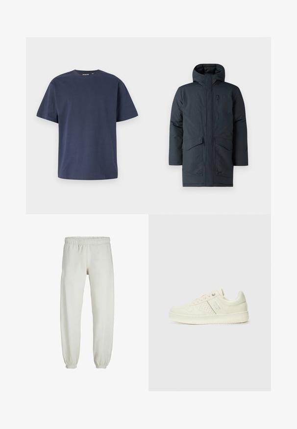 Mörkgrå parka med huva, har en frontdragkedja, två stora fickor och en bröstficka. Tillverkad av ett texturerat, väderbeständigt material.; Marinblå bomullströja med rund halsringning och korta ärmar. Slät textur, rak skärning och minimala sömmar, vilket ger en klassisk design.; Vita sweatpants gjorda av mjukt tyg, med elastisk midja och muddar, samt en slät textur och lös passform.; Krämfärgad sneaker med perforerade detaljer, snören och logotyp på sidan, visad mot en enkel vit bakgrund.