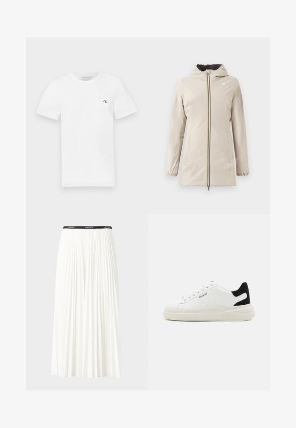 Lys beige hættetrøje med lynlås foran, der har en flerfarvet stribe, elastiske manchetter og sidelommer. Glat, let shiny stof.; Hvid bomulds t-shirt med korte ærmer og rund halsudskæring. Har et lille sorte "ck" logo på venstre bryst. Glat tekstur.; Plisseret hvid nederdel med en sort elastisk talje, der har "LACOSTE"-logoet. Mellemlang design med blød tekstur.; Hvide lædersneakers med en tyk hvid sål, sort ruskindhælvægt og prægede logoer på siden. Snørebåndsdesign med seks øjer.