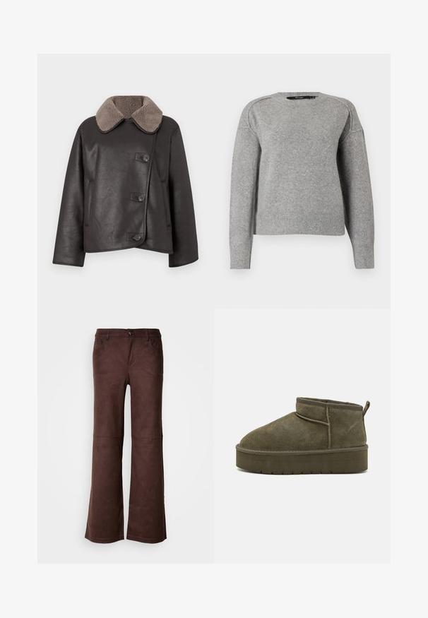 Brūna ādas jaka ar vilnaina apkakli, ar pogām priekša, taisnu piegriezumu un sānu kabatām. Gluda tekstūra ar minimālu apdari.; Gai pelēks džemperis ar apaļu kakla izgriezumu, ribinātām piedurknēm un apakšmalu, kā arī mīkstu tekstūru. Iekļauj nolaižas plecus, kas nodrošina brīvu piegriezumu.; Brūnas platās bikses no mīksta, zamšveida auduma. Tās ir aprīkotas ar četrām kabatām, pogām un gludu, teksturētu virsmu.; Olive zaļa zamšveida potīšu zābaki ar noapaļotu purngalu, ar šuvēm un masīvu zoli, kas rotāta ar tekstūru. Aizmugurē ir mazs cilpiņas uzvilkšanai.