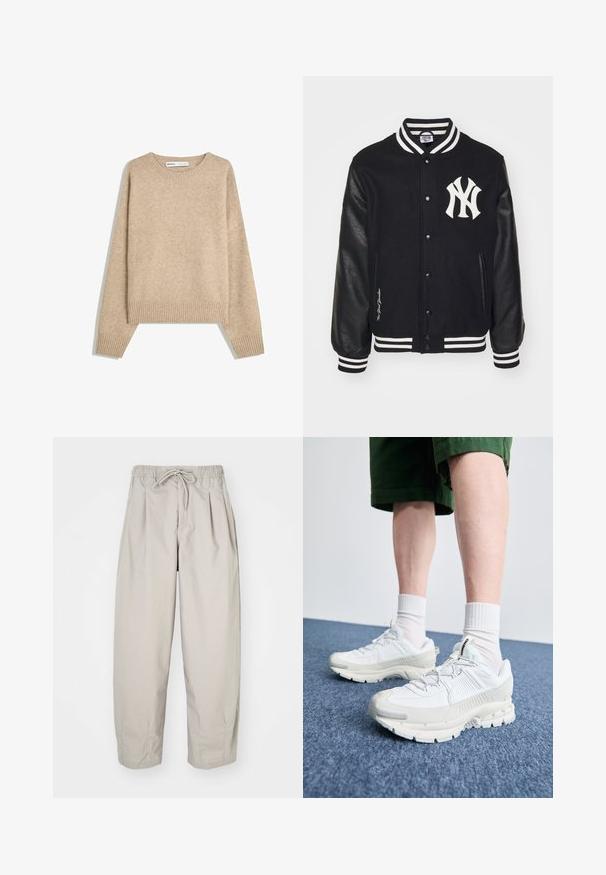 New Era MLB NEW YORK YANKEES VARSITY - Vereinsmannschaften - black/white; Beiger Pullover aus weichem, strukturiertem Strick. Verfügt über einen runden Ausschnitt, gerippte Bündchen und einen verkürzten Saum mit überschnittenen Schultern.; Beige, leichte Hose mit elastischem Bund und Zugband. Sie verfügt über Falten und eine lockere Passform, gefertigt aus weichem, glattem Stoff.; Weiße Sportschuhe mit strukturierten Überzügen, einer dicken Sohle und grauen Akzenten. Tragen mit weißen Crew-Socken und grünen Shorts auf einer blauen Oberfläche.