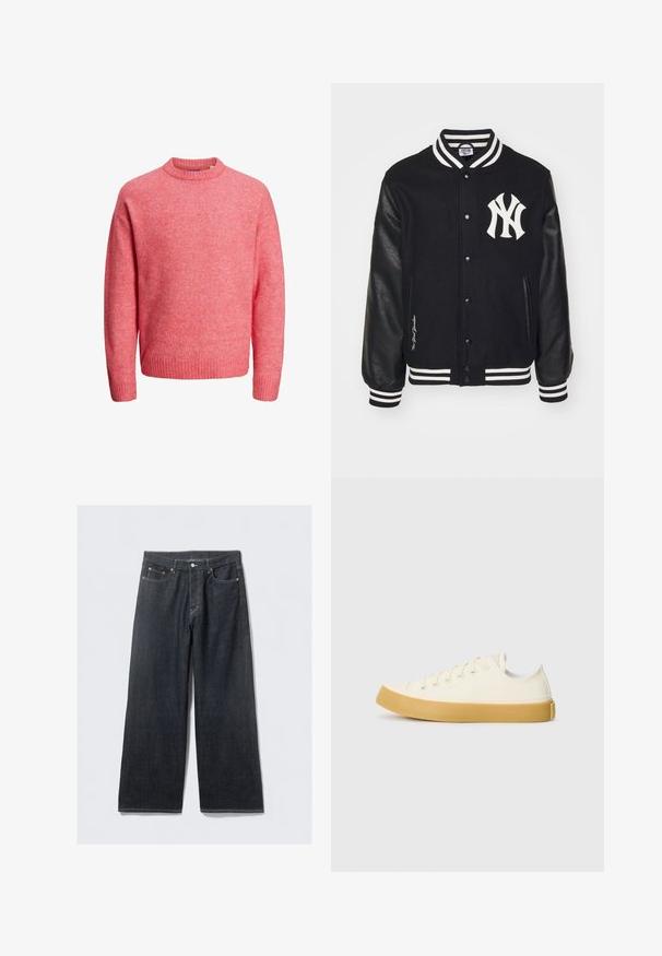 New Era MLB NEW YORK YANKEES VARSITY - Club wear - black/white; Soft pink crew neck sweater with long sleeves and ribbed cuffs and hem, displayed on white background.; Dark denim wide-leg jeans with a high waist, featuring copper-tone rivets and contrast stitching, smooth texture, and no visible patterns.; Canvas sneakers in off-white with a round toe, featuring beige rubber soles and five eyelets for laces, textured finish on the upper.