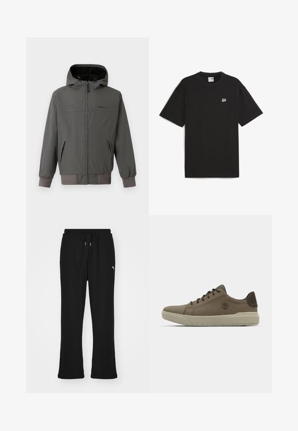 Šedá mikina na zips s kapucňou, s elastickými manžetami a spodným lemom, dvoma bočnými vreckami a hladkým, vodoodpudivým povrchom.; Čierne tričko s krátkym rukávom vyrobené z bavlny, s okrúhlym výstrihom a malým bielym logom na hrudi. Jednoduchý, voľný strih.; Čierne teplákové nohavice s elastickým pásom a šnúrkou, so bočnými vreckami a nenápadným logom na ľavom stehne. Mäkká tkanina, rozšírený strih.; Hnedé kožené tenisky s nízkym profilom, gumovou podrážkou a zelenými akcentmi; na boku majú logo a štruktúrované panely pre lepšiu priľnavosť.