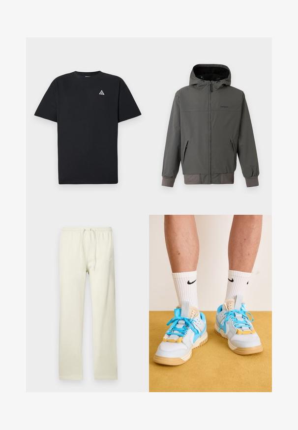 Pilkas zip-up džemperis su gobtuvu, turintis elastingus rankogalius ir apatinę dalį, dvi šonines kišenes ir glotnų, vandeniui atsparų audinį.; Juodas trumpų rankovių marškinėliai, pagaminti iš medvilnės, su mažuoju baltu trikampiu logotipu kairėje krūtinės pusėje, standartinio apvalaus kaklo dizainas.; Šviesiai kreminės spalvos sportinės kelnės su raišteliu juosmens srityje, pagamintos iš minkštos medžiagos. Kairėje šlaunyje yra diskretiška balta Nike logotipo detalė.; Šviesiai mėlynos sportbačiai su rausvais padais, turintys ryškius mėlynus raištelius ir geltonus akcentus. Tekstūruotos medžiagos ir matoma oro pagalvė.