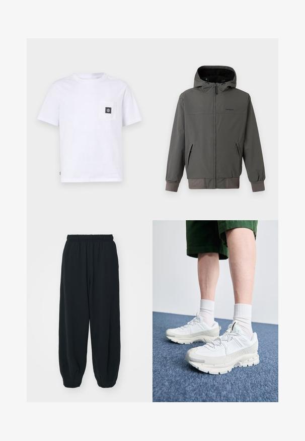 Chaqueta gris con cremallera y capucha, que cuenta con puños y dobladillo elásticos, dos bolsillos laterales y un acabado de tela suave e impermeable.; Camiseta blanca de manga corta hecha de algodón, con un bolsillo en el pecho delantero que presenta un detalle de etiquetado negro. Diseño sencillo y corte regular.; Pantalones de chándal negros con cintura elástica, de corte holgado, con puños en los tobillos, textura suave y sin patrones visibles ni acentos metálicos.; Zapatillas deportivas blancas con superposiciones texturizadas, una suela gruesa y acentos grises. Llevadas con calcetines blancos hasta la pantorrilla y pantalones cortos verdes sobre una superficie azul.