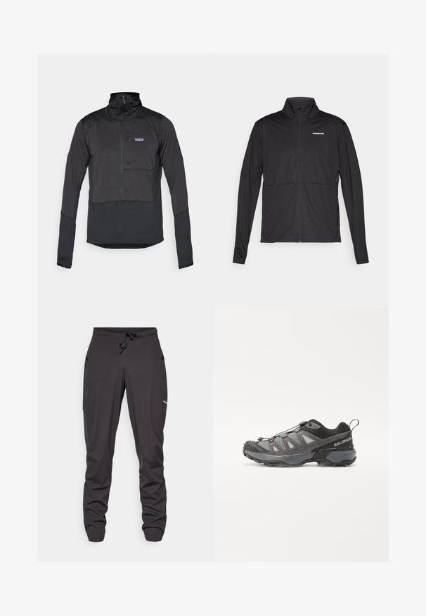 Svart Patagonia zip-up jakke med lange ermer og høy krage, vist flatt på en hvit bakgrunn.; Svart langermet halv-lukket genser laget av teksturert stoff med brystlomme, har stående krage og elastiske mansjetter.; Sorte joggebukser med snøring, side lommer, noe rynket stoff, og en liten synlig logo på høyre lår.; Sportsko sko med et strømlinjeformet design, grå syntetisk overdel med mesh-paneler, svarte detaljer og gummisåle med utpreget grep.