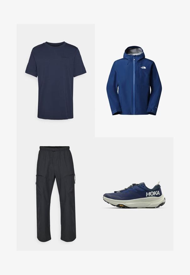 Giacca a vento blu impermeabile da uomo con zipper frontale, polsini regolabili e logo The North Face sul petto.; Maglietta a maniche corte a girocollo in cotone blu navy, con un sottile logo goffrato sul petto e orlo dritto.; Pantaloni cargo neri con vita elastica, due tasche con zip e una texture di tessuto leggera e liscia.; Scarpa da corsa HOKA di colore blu navy con tomaia in rete, suola intermedia spessa di colore crema, suola grigia, logo Vibram e lacci elastici per una chiusura rapida.