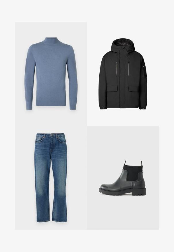 Czarna ocieplana kurtka z kapturem. Posiada dwie zapinane na zamek kieszenie na piersi, dwie duże kieszenie z przodu oraz kieszeń na ramieniu zapinaną na zamek. Gładka tekstura.; Jasnoniebieski sweter z golfem wykonany z dzianiny, z długimi rękawami, prążkowanym kołnierzem i dolnym ściągaczem. Prosty wzór bez widocznych zdobień.; Niebieskie dżinsy z prostym krojem, z klasycznym pięciopocketowym wykończeniem, z przetartą teksturą i miedzianymi nitami.; Czarne botki za kostkę wykonane z gumy o matowym wykończeniu, charakteryzujące się eleganckim designem, elastycznymi panelami oraz grubą podeszwą dla lepszej przyczepności.