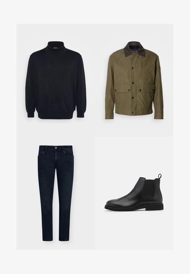 Giacca verde oliva realizzata in tessuto testurizzato, con colletto in corduroy marrone, bottoni a pressione, due tasche frontali e una tasca sul petto con zip.; Maglione nero a collo alto con maniche lunghe, scollo e polsini a coste, caratterizzato da una vestibilità rilassata e una texture liscia. Progettato per un abbigliamento informale.; Jeans in denim blu scuro con vestibilità slim, design a cinque tasche, chiusura con bottone e sbiadimento minimo. Parte frontale liscia e aperture delle gambe strette.; Stivali Chelsea in pelle nera con pannelli laterali elasticizzati e un'etichetta per la trazione. Punta arrotondata e suola piatta in gomma, con una finitura liscia.