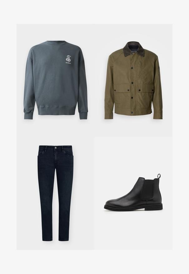 Jachetă verde măslinie dintr-un material texturat, cu o guler din catifea maro, nasturi tip snap, două buzunare frontale și un buzunar pe piept cu fermoar.; Sweatshirt gri din bumbac, cu guler rotund, manșete ribbate și un mic logo brodat cu un șarpe în partea stângă sus a pieptului. Textură netedă.; Jeans din denim de un albastru închis, cu o croială slim, design cu cinci buzunare, închidere cu nasture și decolorare minimă. Față plată și deschideri înguste la picioare.; Cizme Chelsea din piele neagră cu panouri elastice pe laterale și un tab de prindere. Vârf rotund și talpă plată din cauciuc, evidențiind un finisaj neted.
