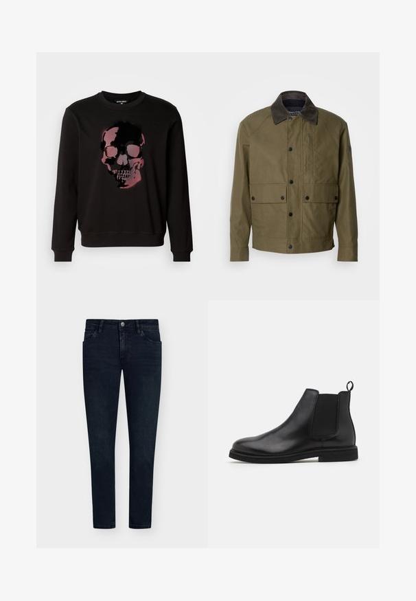 Olivegrüne Jacke aus strukturiertem Stoff, mit einem braunen Cordkragen, Druckknöpfen, zwei Fronttaschen und einer Reißverschlusstasche auf der Brust.; Schwarzer Sweatshirt mit einem zentralen Grafikdesign eines Schädels in verschiedenen Rosa- und Schwarztönen, mit Rundhalsausschnitt und gerippten Bündchen.; Dunkelblaue Jeans aus Denim mit schmalem Schnitt, Fünf-Taschen-Design, Knopfverschluss und minimaler Ausbleichung. Flacher Vorderteil und schmale Saumöffnungen.; Schwarze Leder Chelsea-Stiefel mit elastischen Seitenpanelen und einem Zugtab. Gerundete Zehenpartie und flache Gummisohle, die eine glatte Oberfläche zeigt.