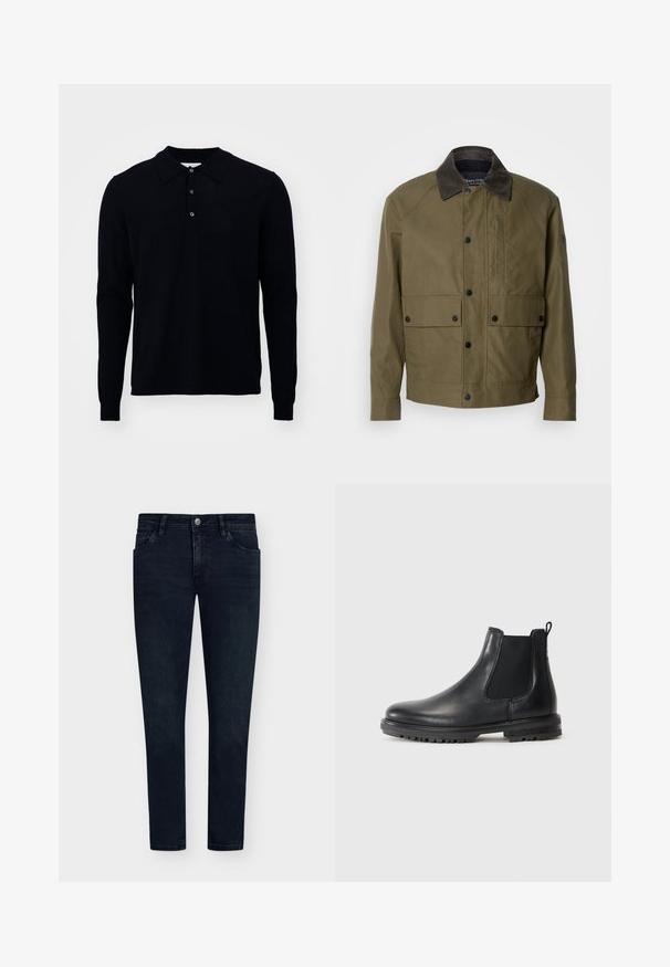 Olivno zelena jakna iz teksturiranega blaga, s prednjim ovratnikom iz rjave žameta, gumbi na pritisk, dvema sprednjima žepoma in žeptirnim žepom na prsih.; Dolga majica polo v temno modri barvi, izdelana iz fine pletenine. Ima ovratnik, zapenjanje z tremi gumbi in rebraste manšete.; Temno modri kavbojki z ozkim krojem, zasnovo s petimi žepi, gumbom za zapiranje in minimalnim bledenjem. Ravna sprednja stran in ozki izrezi za noge.; Črne usnjene Chelsea škornje z elastičnimi stranskimi paneli, zanke za oblačenje, zaobljenim nosom in robustnim podplatom, ki ima utore za oprijem.