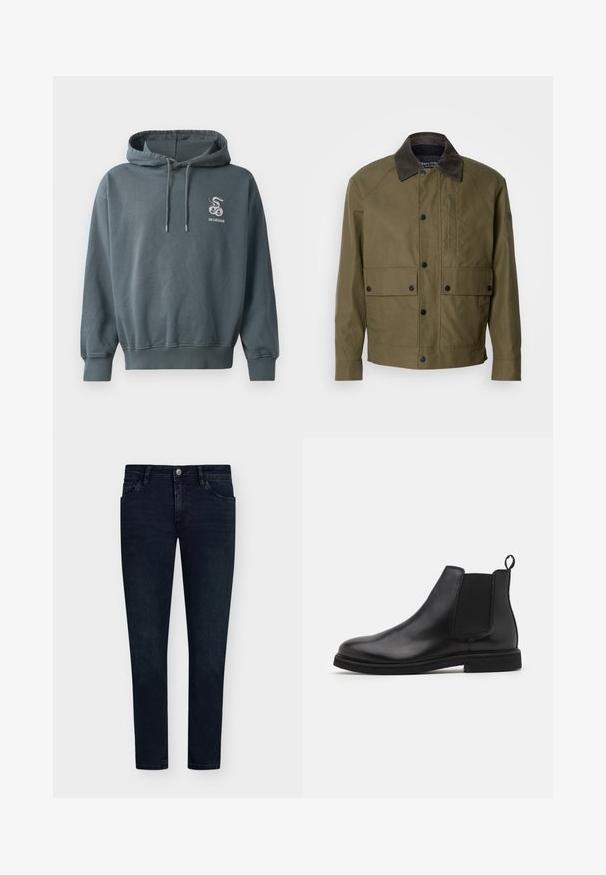 Zielona oliwkowa kurtka z teksturowanej tkaniny, z brązowym kołnierzem z materiału sztruksowego, zatrzaskami, dwoma przednimi kieszeniami i kieszenią na zamek błyskawiczny na piersi.; Bluza z kapturem w ciemnym niebiesko-zielonym kolorze, z przednią kieszenią kangurką, kapturem ze sznurkiem oraz haftowanym logo węża na piersi.; Ciemnoniebieskie dżinsy o slim fit, pięć kieszeni, zapięcie na guzik i minimalne przetarcia. Gładki przód i wąskie nogawki.; Czarne skórzane botki Chelsea z elastycznymi bocznymi panelami i pętlą na tyle. Zaokrąglony czubek i płaska gumowa podeszwa, prezentujące gładkie wykończenie.