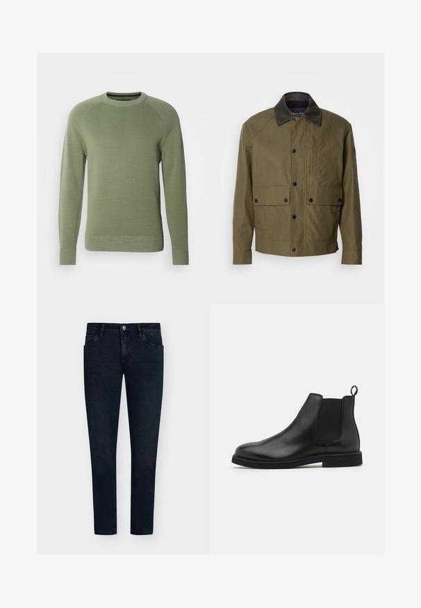 Jachetă verde măslinie dintr-un material texturat, cu o guler din catifea maro, nasturi tip snap, două buzunare frontale și un buzunar pe piept cu fermoar.; Marc O'Polo CREWNECK WITH RAGLAN WAVE STRUCTURE - Pulover - victorian mist; Cămașă neagră cu mânecă lungă și guler înalt, confecționată dintr-un material moale. Prezintă un design adaptat corpului, cu manșete canalate și o textură netedă. Fără modele sau logo-uri.; Jeans din denim de un albastru închis, cu o croială slim, design cu cinci buzunare, închidere cu nasture și decolorare minimă. Față plată și deschideri înguste la picioare.; Cizme Chelsea din piele neagră cu panouri elastice pe laterale și un tab de prindere. Vârf rotund și talpă plată din cauciuc, evidențiind un finisaj neted.