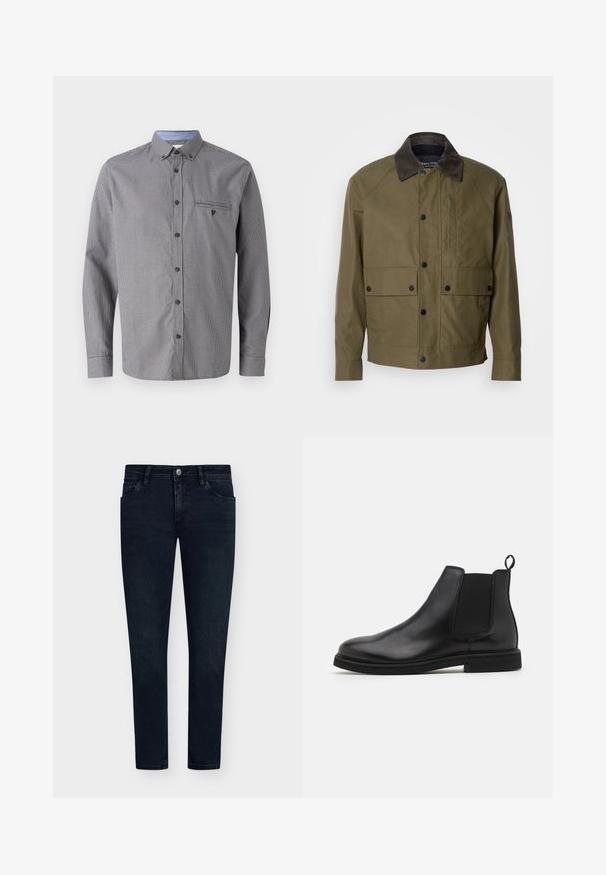 Olivengrøn jakke lavet af struktureret stof, med en brun corduroykrave, trykknapper, to forlommer og en lynlåslomme på brystet.; Grå ternet skjorte med lange ærmer, knap-ned krave, brystlomme og kontrasterende lyseblå inderside af kraven. Har brune knapper.; Sort langærmet turtleneck-trøje lavet af blødt stof. Har et tætsiddende design med ribbede manchetter og en glat overflade. Ingen mønstre eller logoer.; Mørkeblå denimjeans med slim fit, fem lommer, knaplukning og minimal fading. Flad front og smalle benåbninger.; Sorte læder Chelsea støvler med elastiske sidepaneler og en træksløjfe. Rund tå og flad gummisål, der fremviser en glat finish.