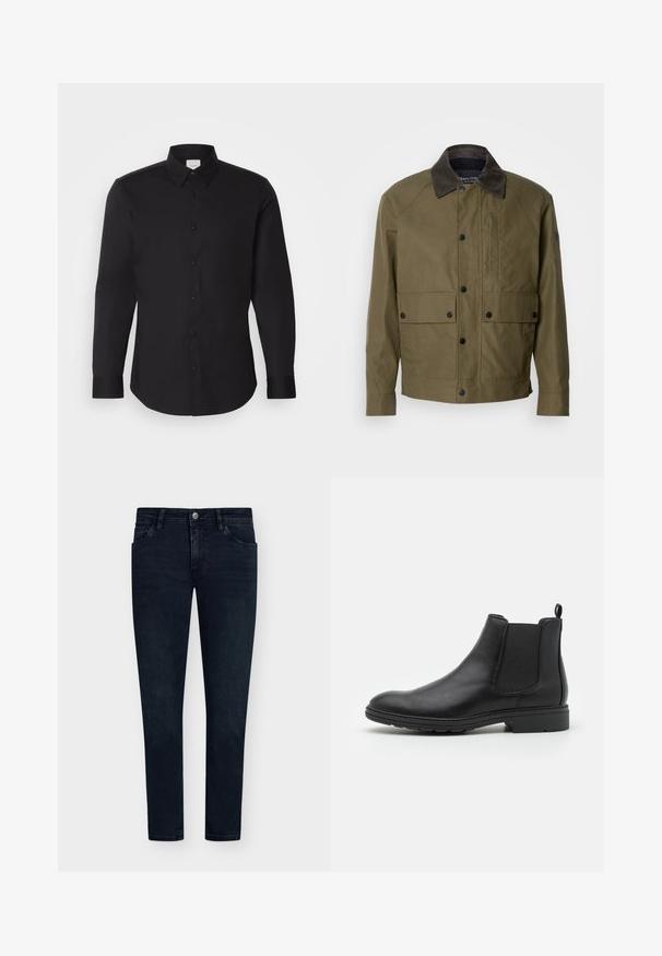 Giacca verde oliva realizzata in tessuto testurizzato, con colletto in corduroy marrone, bottoni a pressione, due tasche frontali e una tasca sul petto con zip.; Maglietta nera a maniche lunghe realizzata in un tessuto liscio, con colletto a punta, chiusura con bottoni e un logo discreto sul petto.; Jeans in denim blu scuro con vestibilità slim, design a cinque tasche, chiusura con bottone e sbiadimento minimo. Parte frontale liscia e aperture delle gambe strette.; Stivale Chelsea in pelle nera con pannelli laterali elasticizzati e un ciondolo sul tallone, caratterizzato da una punta arrotondata e una suola in gomma testurizzata.