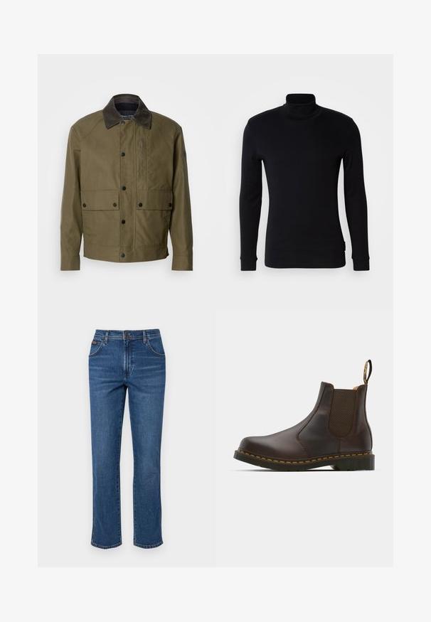 Alyvuogių žalios spalvos švarkas, pagamintas iš tekstūruoto audinio, su ruduoju velveto apykakle, snap mygtukais, dviem priekinėmis kišenėmis ir užtrauktuku uždaroma krūtine kišene.; Juodas ilgomis rankovėmis golfas, pagamintas iš švelnios medžiagos. Savybės: prigludusi konstrukcija su išmegztais rankogaliais ir lygia tekstūra. Nėra raštų ar logotipų.; Mėlyni džinsai su tiesiomis kojomis, penkių kišenių stilius ir sagos bei užtrauktuko uždarymas. Su subtiliais siuvinėjimais ir klasikiniu plovimu.; Rudi odiniai Chelsea batai su elastinėmis šoninėmis panelėmis, tekstūruota kulno dalimi ir kontrastingomis geltonomis siūlėmis. Yra patogu dėvėti dėl užtrauktuko.