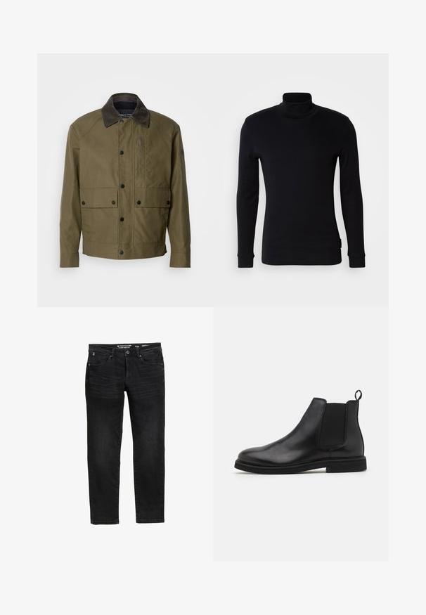 Olivno zelena jakna iz teksturiranega blaga, s prednjim ovratnikom iz rjave žameta, gumbi na pritisk, dvema sprednjima žepoma in žeptirnim žepom na prsih.; Črna majica z dolgimi rokavi in turtleneck iz mehkega materiala. Ima prilega obliko z rebrastimi manšetami in gladko teksturo. Brez vzorcev ali logotipov.; Črne kavbojke iz denima s straight fit krojem, z zapiranjem na gumb in zadrgo, petimi žepi in subtilnim pranjem.; Črne usnjene Chelsea škornje z elastičnimi bočnimi paneli in zanka za obuvanje. Okrogla kapa in ravno gumijasto dno, kar poudarja gladko zaključeno površino.