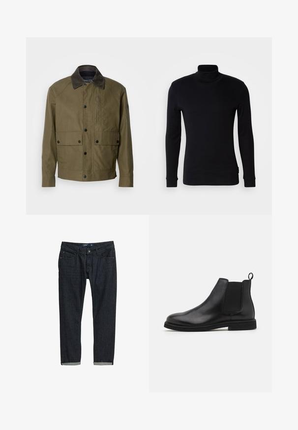 Chaqueta verde oliva hecha de una tela texturizada, con un cuello de pana marrón, botones a presión, dos bolsillos frontales y un bolsillo con cremallera en el pecho.; Camiseta de cuello alto de manga larga negra, hecha de una tela suave. Presenta un diseño ajustado con puños acanalados y una textura lisa. Sin patrones ni logotipos.; Jeans de mezclilla oscura con corte ajustado, con dobladillos enrollados, diseño clásico de cinco bolsillos y cierre de botón, sobre un fondo blanco.; Botas Chelsea de cuero negro con paneles laterales elásticos y una lengüeta. Punta redonda y suela de goma plana, con un acabado suave.